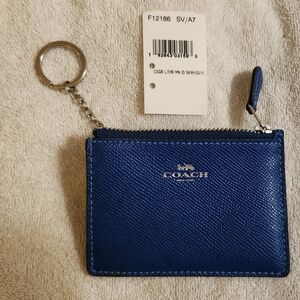 NWT Authentic Coach Lake Blue Leather with Silver Skinny Mini Zip ID Wallet